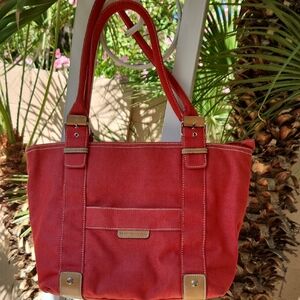 Tommy Hilfiger Red Canvas Tote Bag Wirh Faux Leather Accents